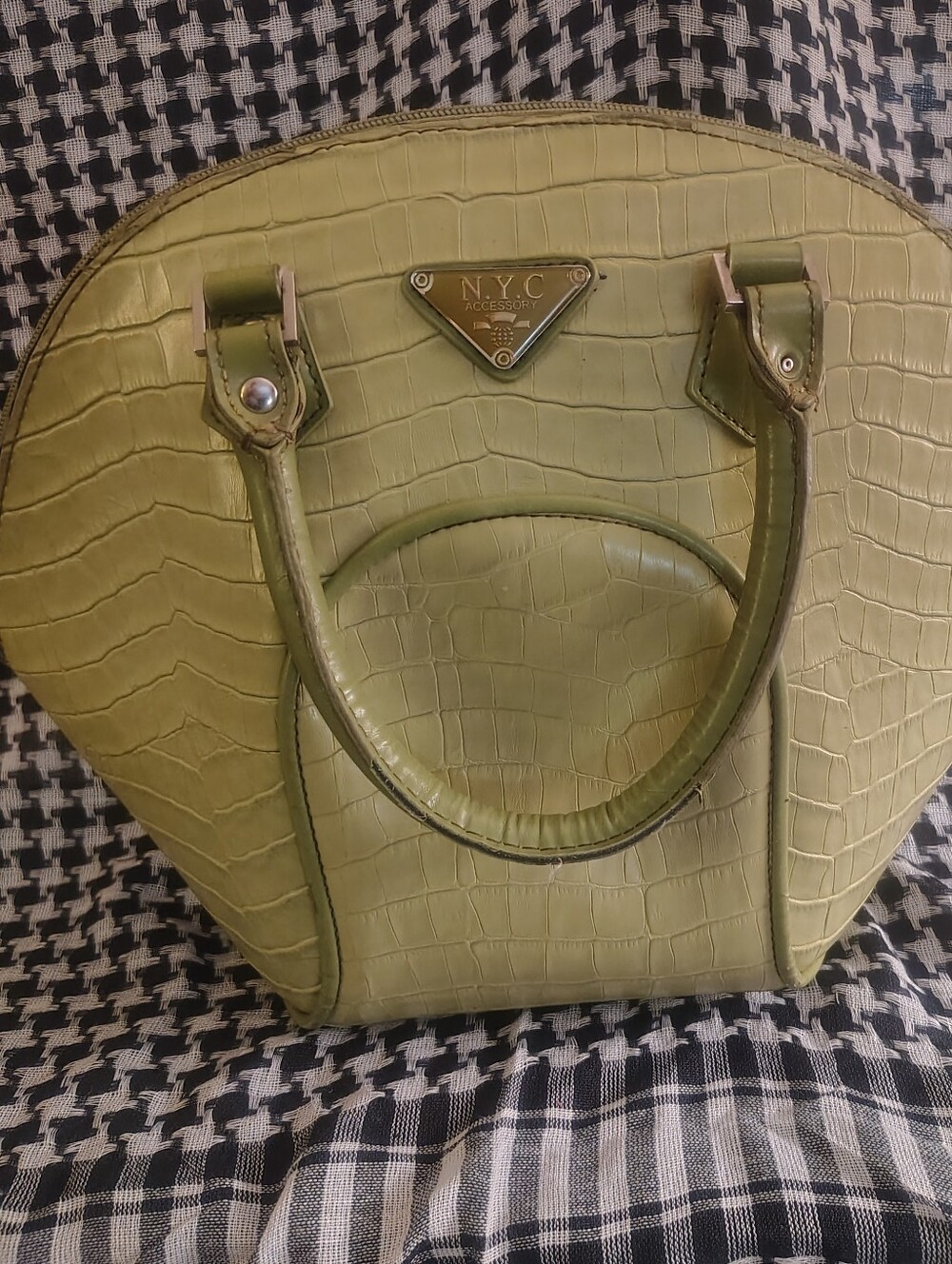 Lovely NYC Faux Croc Embossed Dome Satchel Bag Triangle Logo Lime/Olive Green